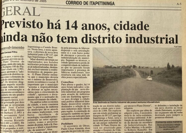 CORREIO 20 ANOS: Em 2005, cidade já esperava há 14 anos por distrito industrial