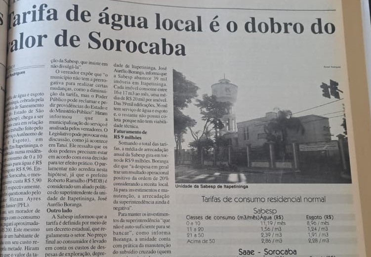Em 2006, tarifa de água local era o dobro do valor de Sorocaba