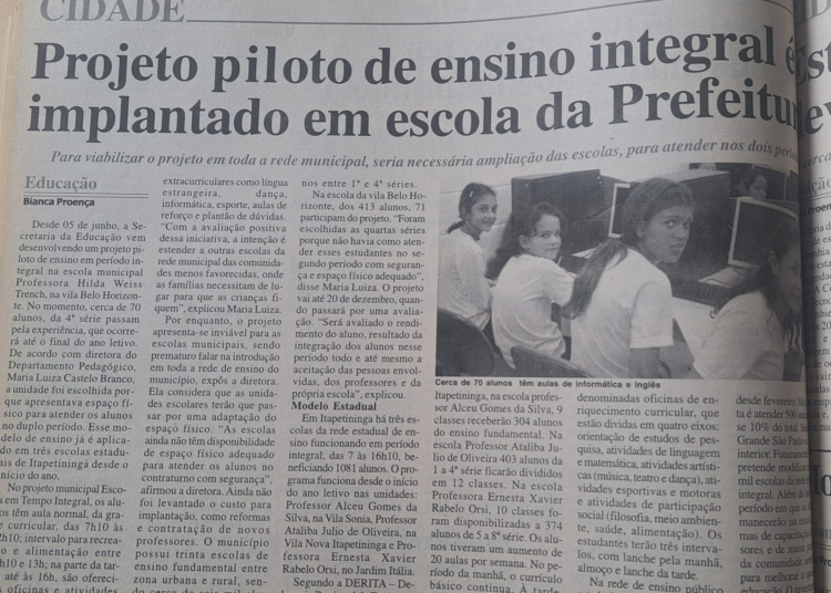Em 2006, projeto piloto de ensino integral era implantado em escola da Prefeitura